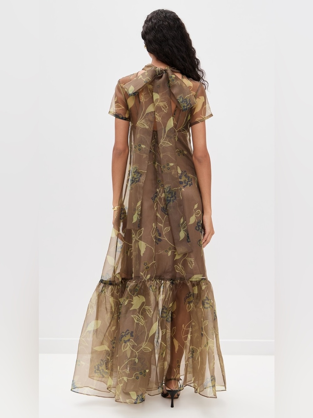 STAUD Calluna Dress Brown Floral Sheer Maxi Dress with Floral Accents - Picture 3 of 9